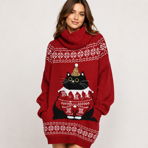 <span class=keywords><strong>Robe</strong></span> <span class=keywords><strong>pull</strong></span> col roulé pour <span class=keywords><strong>femme</strong></span> FNJIA, motif jacquard arbre <span class=keywords><strong>de</strong></span> <span class=keywords><strong>Noël</strong></span> et chat, manches longues, tenue <span class=keywords><strong>de</strong></span> fête <span class=keywords><strong>de</strong></span> <span class=keywords><strong>Noël</strong></span>, personnalisation OEM disponible - Product Image 2