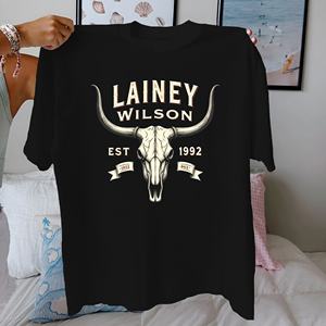 Camiseta de mujer de algodón puro con calavera de cuerno LARGO DE Lainey Wilson ajuste cómodo - Product Image 2