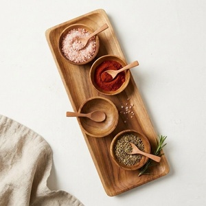 Ensemble de service en bois de teck artisanal au design moderne, plateau à condiments écologique avec petits bols et cuillères pour les collations et les sauces, meilleur prix - Product Image 1
