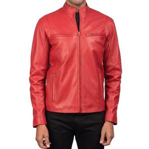 Veste en cuir véritable rouge pour homme, col montant, style motard, fermeture éclair, coupe ajustée, logo - Product Image 1