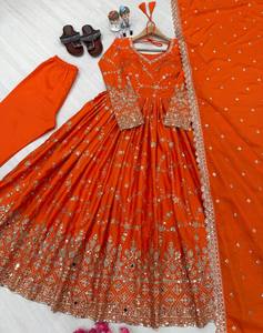 New Designer Women Solid Heavy Chinon Silk Gown Dupatta with Embroidery 5mm Sequencing Sleeve Mirror Work Party Daily Wear - Product Image 2