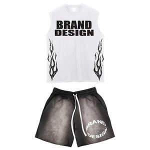 Conjunto de Camiseta sin Mangas y Pantalones Cortos para Hombre, Ecológico, de Poliéster/Algodón, Liso, Teñido, Transpirable, Personalizable, Estilo Casual Urbano - Product Image 3