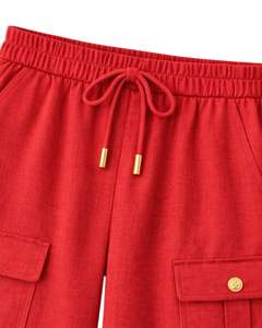 <b>Women</b> Brown Linen <b>Cargo</b> Co Ord Set <b>Short</b> Sleeve Button Shirt With Pocket And Wide Leg Drawstring Pants Casual Outfit - Product Image 5