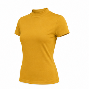 เสื้อยืดคอกลมแขนสั้นทรงเข้ารูปสำหรับผู้หญิง สีเหลืองมัสตาร์ด ผ้าคอตตอนผสมอีลาสเทน น้ำหนักเบา สวมใส่ได้ทุกวัน - Product Image 3