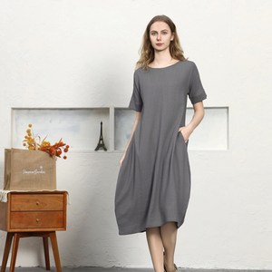 Bohemian Gray Plain Cotton Linen Maxi <b>Dress</b> With O-Neck <b>Loose</b> Fit Half Sleeve Summer Casual Midi <b>Dress</b> For Women - Product Image 1