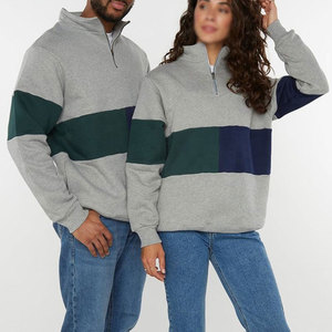 Unisex Quarter Zip Fleece <b>Sweatshirt</b> Color Blocking Gray Green <b>Navy</b> Oversized Casual Autumn Wear Stand Collar Regular Fit - Product Image 2