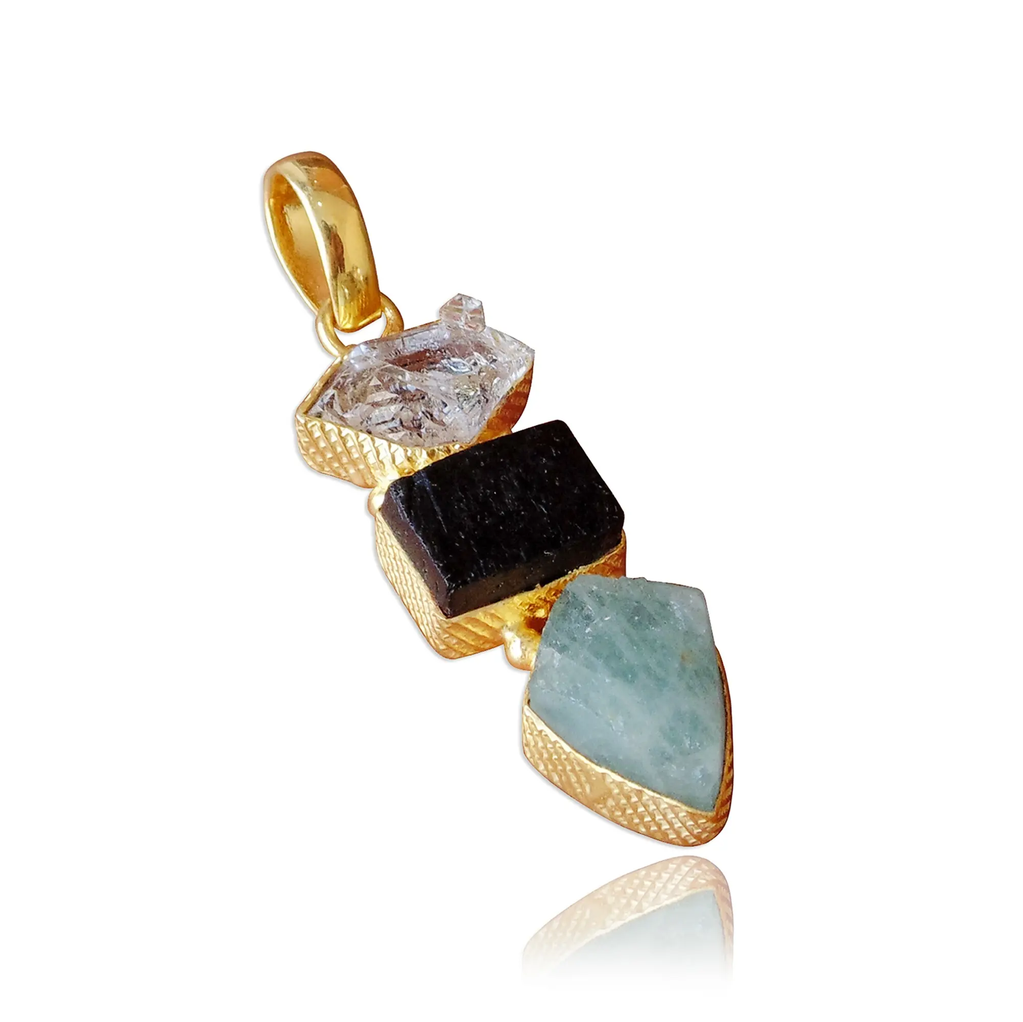 18K Gold Plated Herkimer Diamond, Aquamarine And Black Tourmaline Rough Stone Designer Women's Pendant