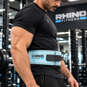 Ceinture de soutien lombaire ajustable en cuir bleu clair Rhino Fitness pour la protection professionnelle et la compression de la taille en salle de sport - Product Image 2