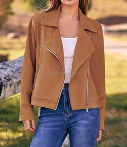Tan Biker Style daim femmes vestes avec fermeture éclair asymétrique revers col à manches longues recadrée Moto Fit moderne Vintage Look - Product Image 2