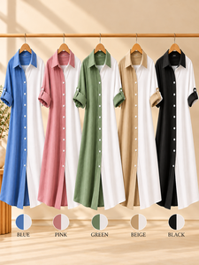 Vestido Casual Maxi Holgado de Verano para Mujer, con Bloques de Color en Contraste, Ecológico, Lavable, Cuello Camisero, Manga Larga, Tejido Transpirable - Product Image 2