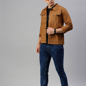 <b>Men's</b> Brown Twill Trucker <b>Jacket</b> Button Closure <b>Long</b> Sleeve Regular Fit Casual Lightweight Cotton Outerwear - Product Image 2