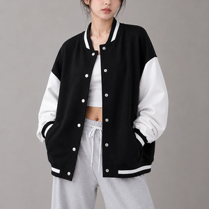 Veste de sport noire avec manches blanches contrastées, fermeture à boutons, col montant, vêtement d'automne pour femmes - Product Image 1