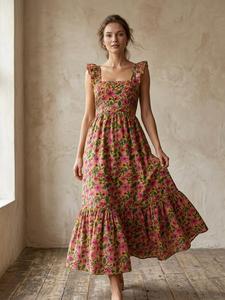 เดรสยาวผ้าฝ้ายพิมพ์ลายดอกไม้สไตล์วินเทจสำหรับฤดูร้อน ทรงหลวม ชายกระโปรงพลิ้ว แต่งระบายช่วงเอวแบบโบฮีเมียน สายเดี่ยว ไม่มีสายรัดไหล่ - Product Image 3