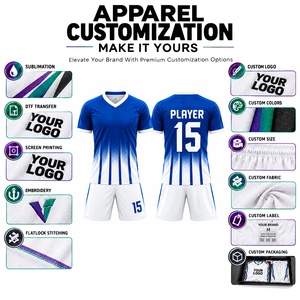 Custom Sublimated Soccer Jersey Set <b>Blue</b> <b>White</b> <b>Striped</b> V-Neck Short Sleeve Moisture Wicking Adult Men 100% Polyester - Product Image 3