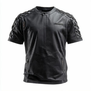 T-shirt pour homme en cuir PU noir à manches courtes, col rond, écologique, anti-UV, respirant, coupe classique - Product Image 3