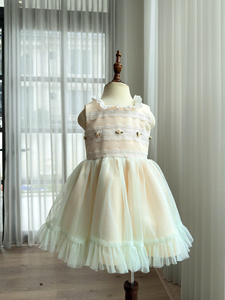 Robe de demoiselle d'honneur en maille crème avec appliques en dentelle, sans manches, en tulle, robe de soirée pour fille, robe Koko San pour fille No022 - Product Image 1