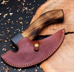 Custom Handmade High Carbon Steel Black Coted Pizza Cutter Premium Wooden Handle Kitchen Axe with Genuine Leather Sheath - Product Image 4