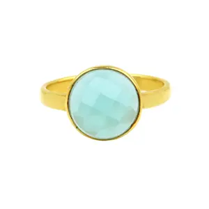 Hermosa joyería de ajuste de bisel de piedras preciosas de Calcedonia de Aqua, anillo minimalista redondo delicado de plata chapado en oro de 18K genuino para mujer