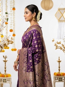 AARA Fashion <b>Purple</b> Silk <b>Saree</b> Gold Zari Work Traditional Indian Wedding Wear Sun Protection All Seasons for Women Floor Length - Product Image 4