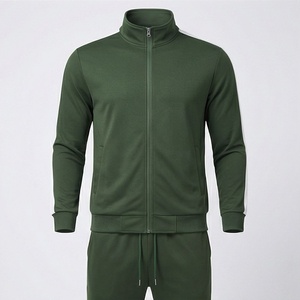 Survêtement vert zippé pour homme, couleur unie, col montant, vêtement de sport décontracté avec poches latérales, en polyester respirant, idéal pour l'automne - Product Image 1