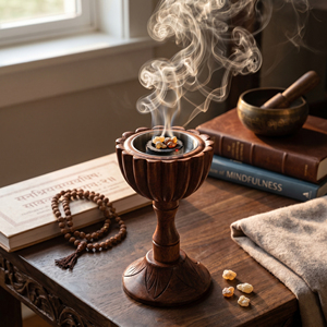 Handcrafted Chalice Wooden <b>Bakhoor</b> Burner Carved Pedestal Incense Holder Round Metal Cup <b>Oud</b> Burner For Home Decoration - Product Image 6