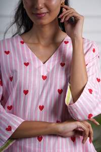 Conjunto de Pijama para Mujer, 100% Algodón, Estampado de Corazones Rosados, Suave, Transpirable, de Secado Rápido, para Primavera/Verano, Ropa de Dormir, Ropa de Casa - Product Image 6
