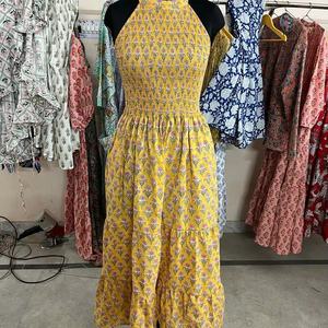 Vestido maxi de algodón indio con estampado de bloques a mano, vestido transpirable con técnica de tejido teñido anudado en cintura natural - Product Image 1