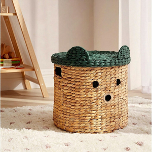 Top Selected Wicker Water Hyacinth <b>Bear</b> Laundry Kid Basket With Green Lid <b>Cute</b> Animal Toy Organizer Nursery Kids Storage Basket - Product Image 1