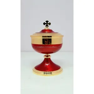 Brass Church Ciborium With Shiny Polish & Red Enamel Finishing Round Shape Elegant Design Cross Inlay In Top For Drinking