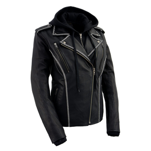 Veste de moto en cuir véritable pour femmes noires, à capuche, avec rivets, fermeture éclair, plusieurs poches zippées - Product Image 1