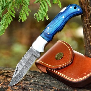 Wholesale Best Quality Damascus Steel Clip Point Pocket Knife EDC Razor Sharp 0.5mm Blade Back <b>Lock</b> Folding Leather Pouch - Product Image 1