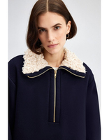 Sweat-shirt de luxe pour femme avec col en fourrure de renard, 200 g/m², demi-zip, en polaire épaisse, couleur unie, coupe oversize, tricoté et doublé