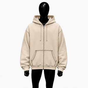 Sudadera con capucha beige extragrande personalizada para hombre, de forro polar grueso, estilo urbano, con hombros caídos y costuras en contraste. - Product Image 1