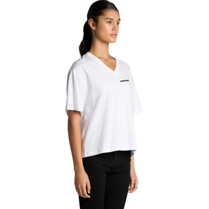 Camisetas de algodón de jersey para mujer con cuello en V, manga corta, ajuste relajado, estampado en el pecho, espalda lisa, casual, venta al por mayor, OEM personalizado - Product Image 6
