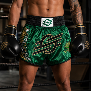 Pantalones Cortos de Boxeo Verdes con Bordado Celta Dorado en el Logotipo Frontal, Diseño Unisex, Corte Regular, Ligeros, de Secado Rápido, 160g, Ropa Deportiva de Combate - Product Image 5