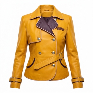 Yellow Mustard <b>Belted</b> Double Breasted <b>Leather</b> Trench Coat Womens Contrast Purple Trim Outerwear Wholesale Factory - Product Image 1
