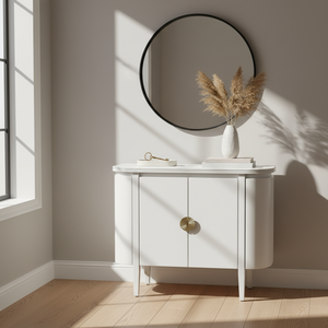 Moderno Gabinete de Almacenamiento Multifuncional de Madera Maciza de Roble Ecológico con Laterales Curvos, Consola Redondeada, Diseño Compacto, Color Blanco - Product Image 4