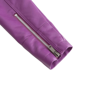 Chaqueta de motociclista de cuero genuino morado para mujer con cierre de cremallera y cuello alto - Product Image 3