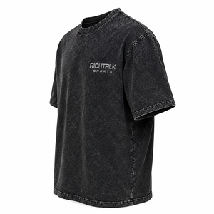 Unisex Luxury O-Neck Oversized <b>Collarless</b> Short Sleeve 100% Cotton Fleece Soft Acid Wash Front Embroidered Logo Quick Dry Casual - Product Image 4