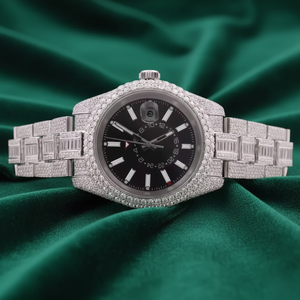 Reloj de Lujo con Diamantes, Plateado, Estilo Hip Hop, Esfera Negra, Bisel con Incrustaciones de Piedras, Brazalete Completamente Adornado, Reloj para Hombre - Product Image 1