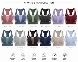 เสื้อชั้นในกีฬาผู้หญิงสีน้ำเงินแบบ Racerback คอวี ผ้าตาข่ายระบายอากาศ ซัพพอร์ตสูง สำหรับออกกำลังกาย ดีไซน์ไร้ตะเข็บ แต่งขอบตัดสี - Product Image 6