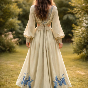 Elegant Sage Green <b>Boho</b> Midi <b>Dress</b> with Intricate Blue Floral Embroidery Chic <b>Long</b> Lantern Sleeve A-Line Cotton Frock for Women - Product Image 2
