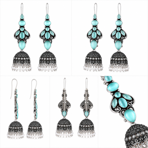 Wholesale Aqua Blue Stone <b>Oxidized</b> Silver Jhumka Earrings for Women | Traditional Indian Ethnic Dangle Earrings - Product Image 3