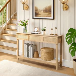 Consolle Boho in Rattan con 3 Cassetti e Ripiano Aperto, Tavolo Lungo e Stretto per Ingresso e Corridoio - Product Image 6