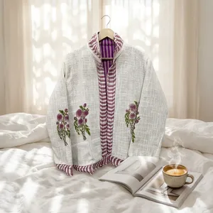 <b>Women</b> <b>White</b> Stand Collar Eco-Friendly Reversible 100% Cotton Floral Hand Block Print Open Front Long Sleeve <b>Jacket</b> - Product Image 6