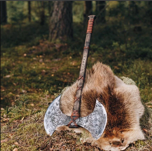 Custom Handmade Viking Double-Blade Axe Carved Runes Industrial Grade <b>Wood</b> Handle Hatchet 4 Cutting Edge 950mm Overall <b>Length</b> 1 - Product Image 3