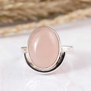 Handmade 925 Sterling Silver Rose <b>Quartz</b> <b>Ring</b> Natural Oval Pink Gemstone Statement Jewelry Adjustable Dainty Heart Design Boho - Product Image 1