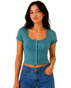 Custom Ocean <b>Blue</b> Women Ribbed Knit <b>Crop</b> <b>Top</b> Short Sleeve Button Front Slim Fit Square Neck Casual Summer Cotton T Shirt Blouse - Product Image 1