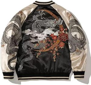 เสื้อแจ็คเก็ตบอมเบอร์ปักลายมังกรสไตล์จีนสำหรับผู้ชาย สีดำและครีม ผ้าซาติน ซิปด้านหน้า ทรงปกติ - Product Image 3