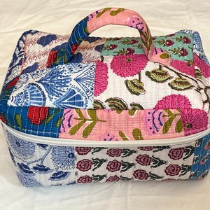 Panelled Cosmetic Bag Medium Size Bohemian Floral Print Zipper Closure Soft Handle Textile Material - Product Image 4